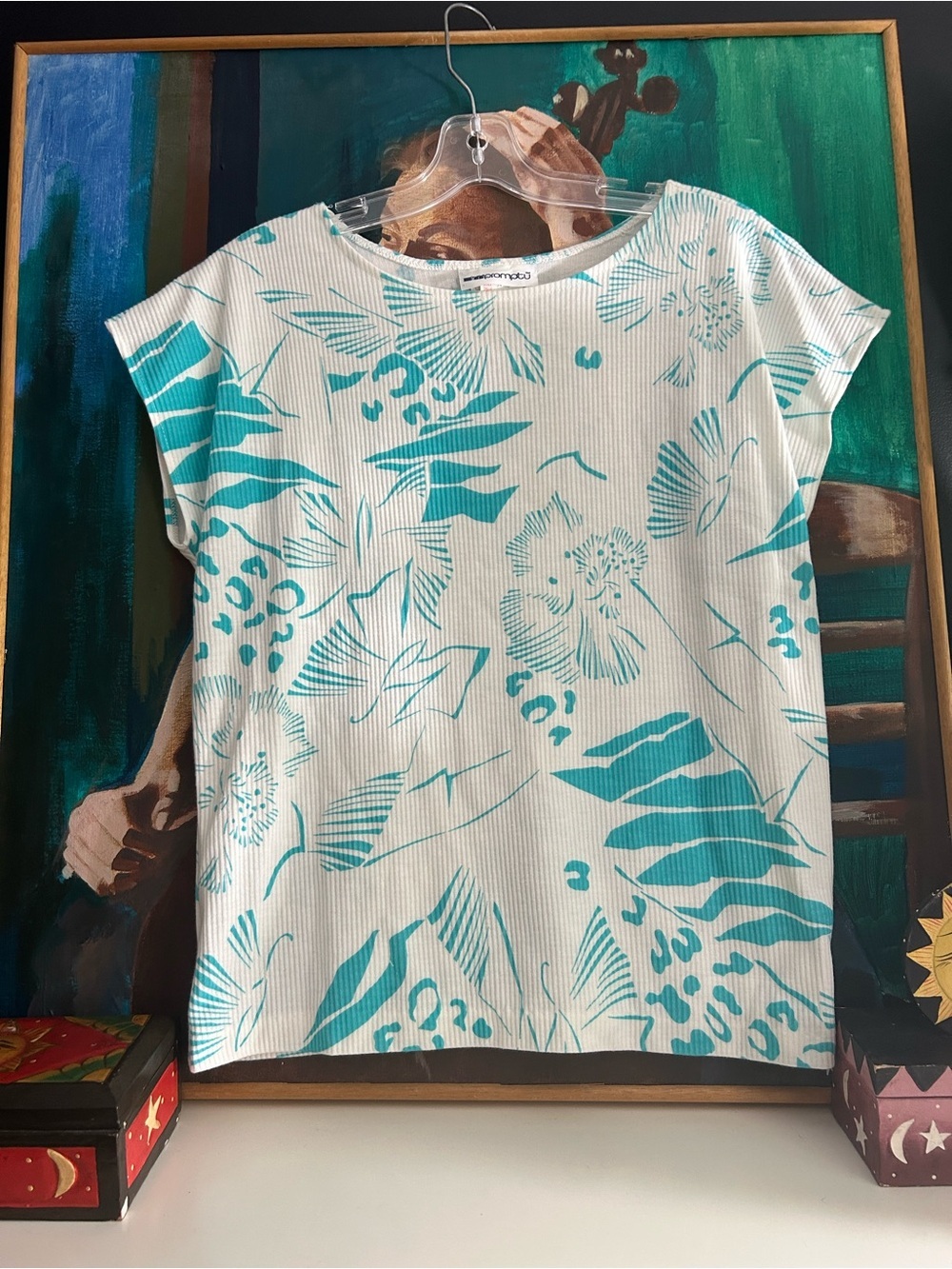 Promod Floral Rib Knit Top White Aqua Short Sleeve Stretch Tee Women’s 12